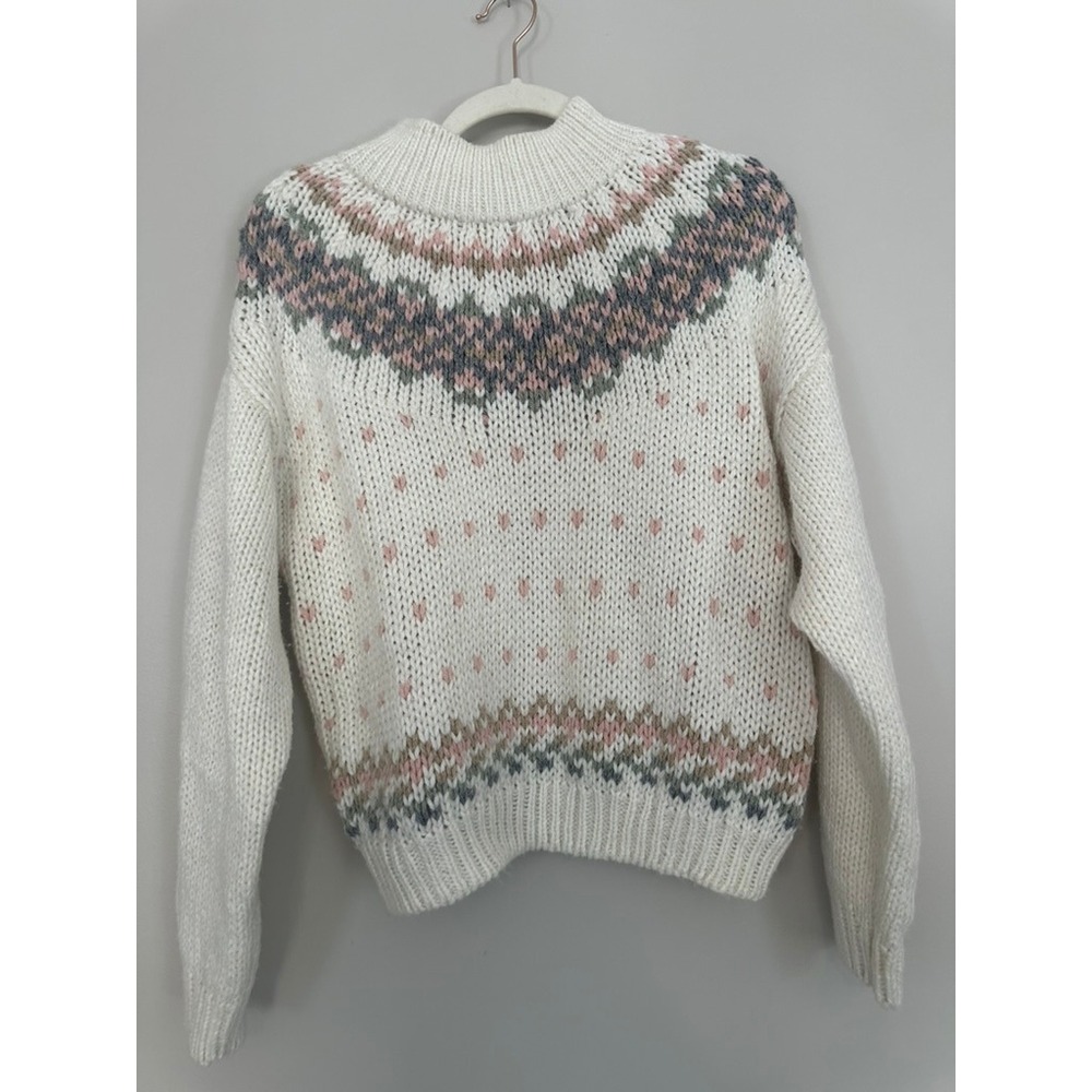 Hand Loomed Vintage Mock Neck Fair Isle Knit Sweater Pastel Cream White